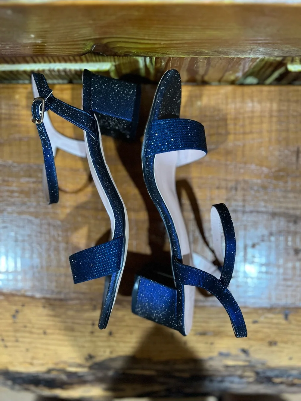 Sparkle Navy Ankle-Strap Block Heel Sandals